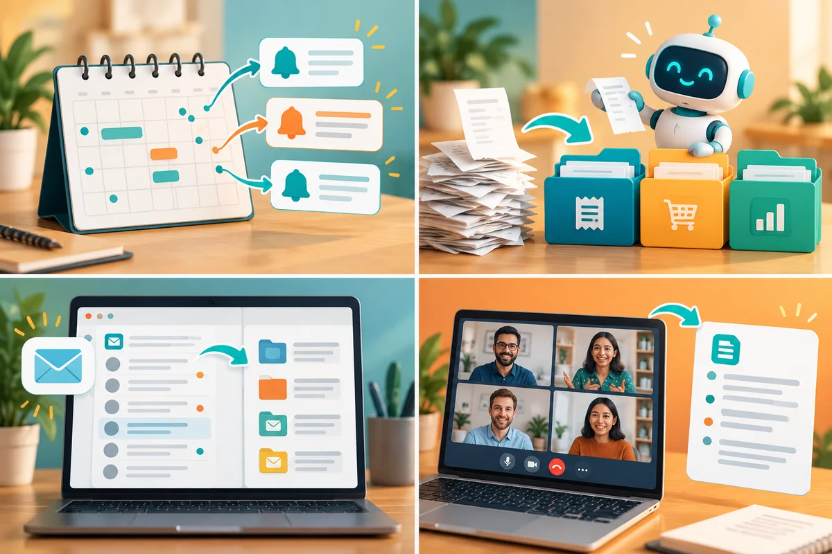 Four admin tasks AI can handle: calendar reminders, sorting receipts into folders, organising email, and summarising video meetings