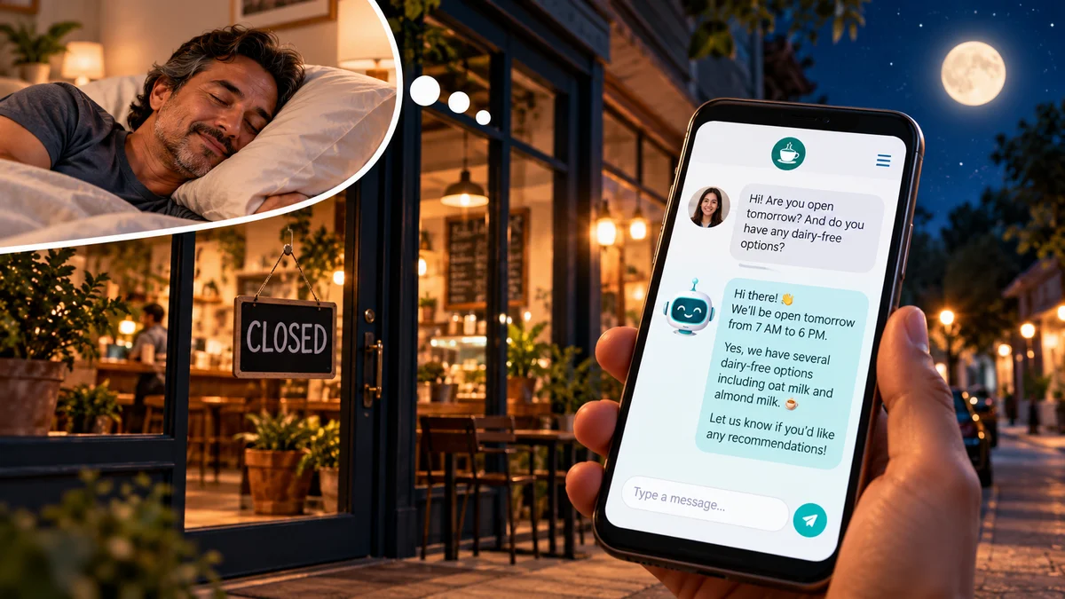A café closed for the night while its website chatbot answers a customer question about opening hours and dairy-free options