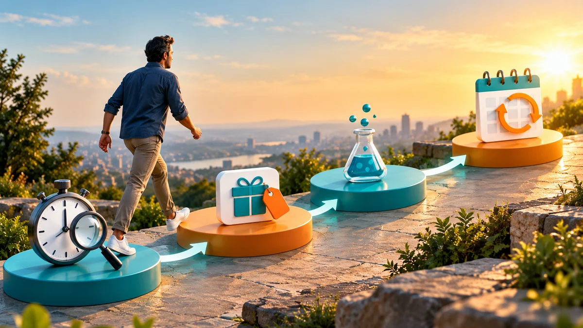 A small business owner walking along four stepping stones: a stopwatch, a free gift tag, a test flask and a repeating calendar