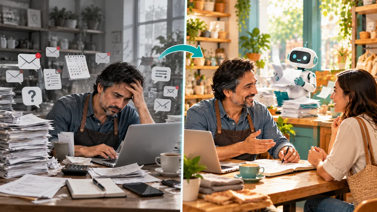 Repetitive admin work compared with growth work in a small business: a stressed owner buried in paperwork, then the same owner talking with a customer while an AI assistant handles admin